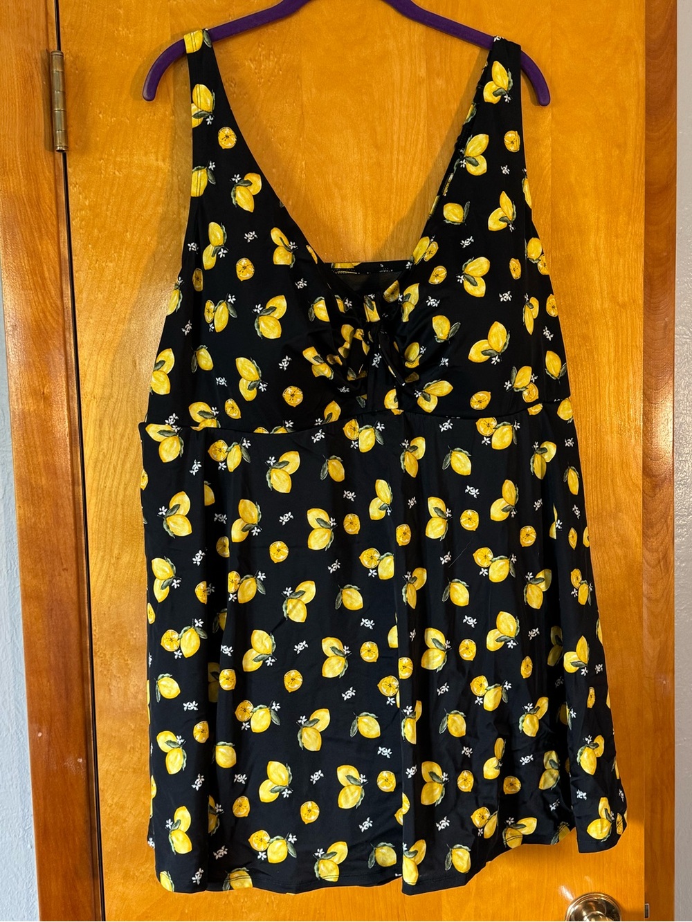 Catherines Black Lemon-Print Swim Dress